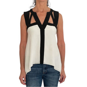 Bcbg Cutout Tank Blouse XS White Black Geometric Flowy